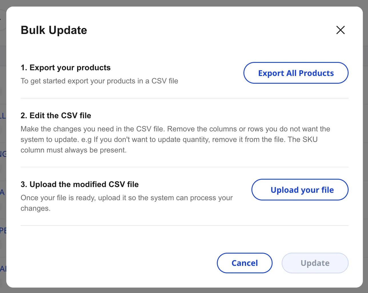 Shoopy Bulk Update modal — three steps: 1. Export your products with the Export All Products button, 2. Edit the CSV file with the in-app note about removing columns you do not want to update, 3. Upload the modified CSV file with the Upload your file button, plus Cancel and Update CTAs at the bottom