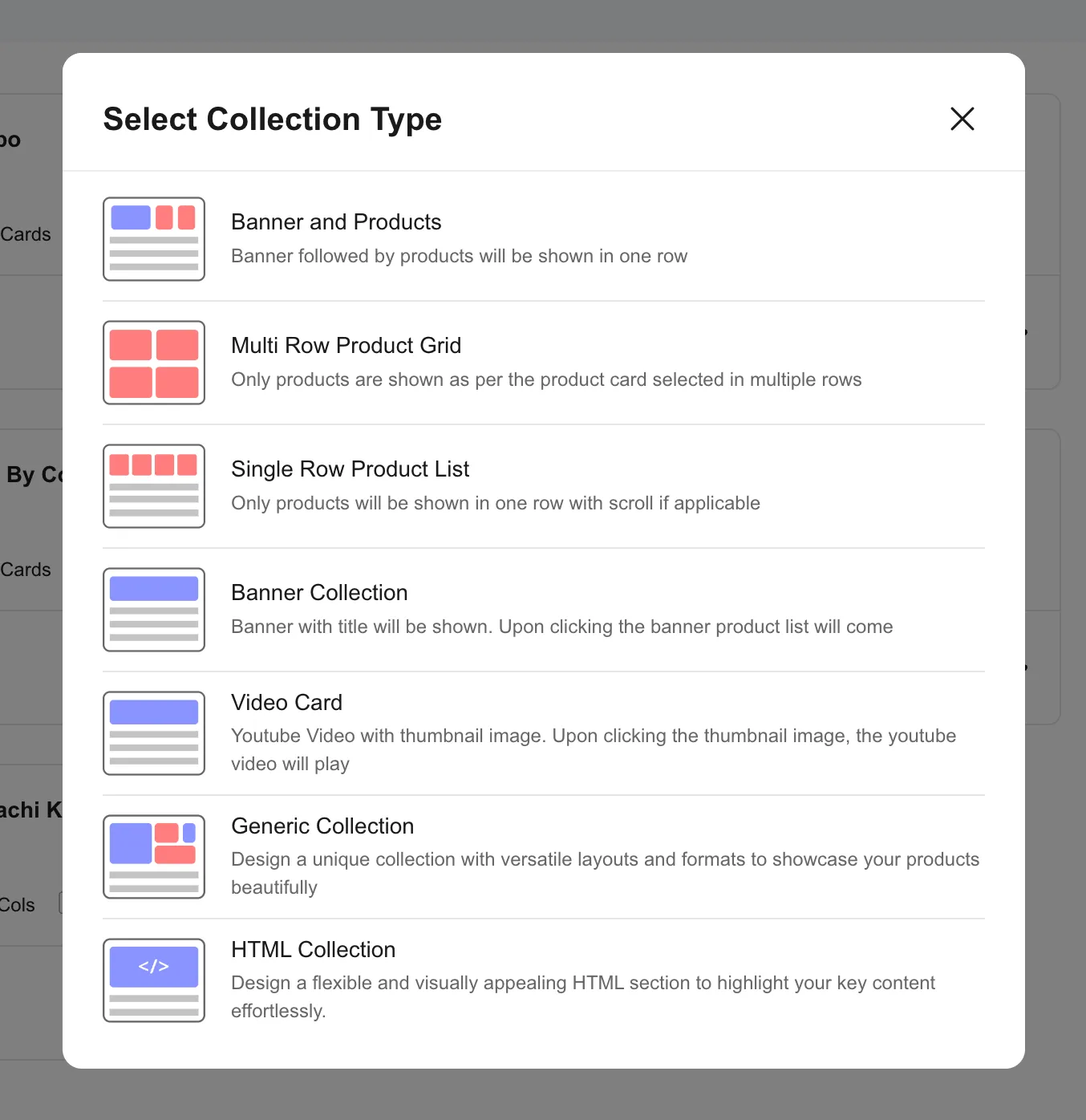 Select Collection Type picker in the Shoopy admin showing Banner and Products, Multi Row Product Grid, Single Row Product List, Banner Collection, Video Card, Generic Collection, and HTML Collection tiles